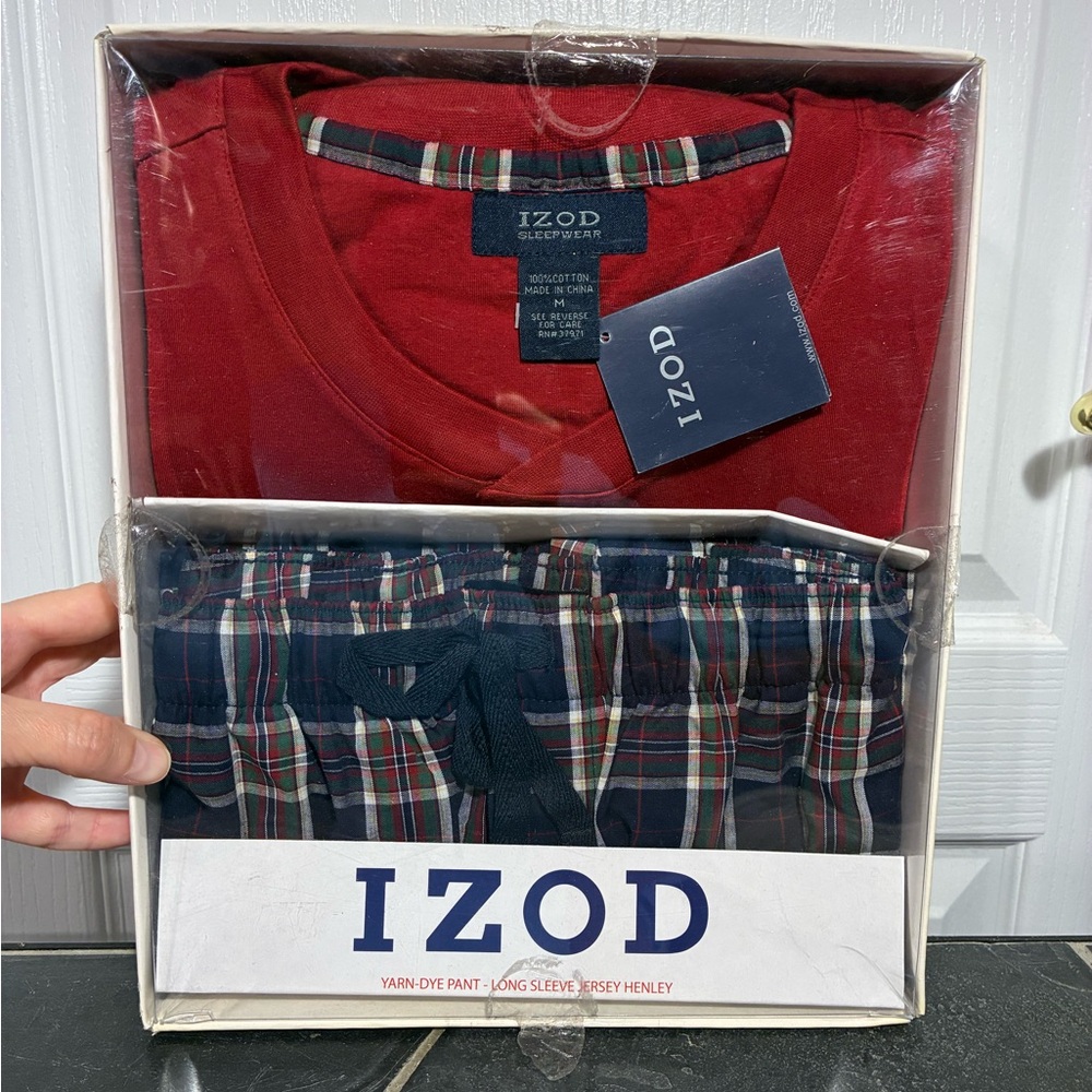 NEW Y2K Izod 2 Pc Pajama Set Red Long Sleeve Henley Blue Plaid Pants Men’s Med